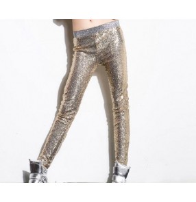 Silver gold black sequins fabric long length girls women's ladies female latin salsa jazz stage performance singer show play sexy fashion slim hip hop pole dance dance long length pants trousers